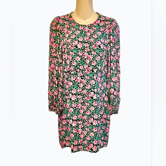 Zara Black Pink Floral Puff Long Sleeve Mini Bodycon High Waist Dress Medium - Picture 1 of 8